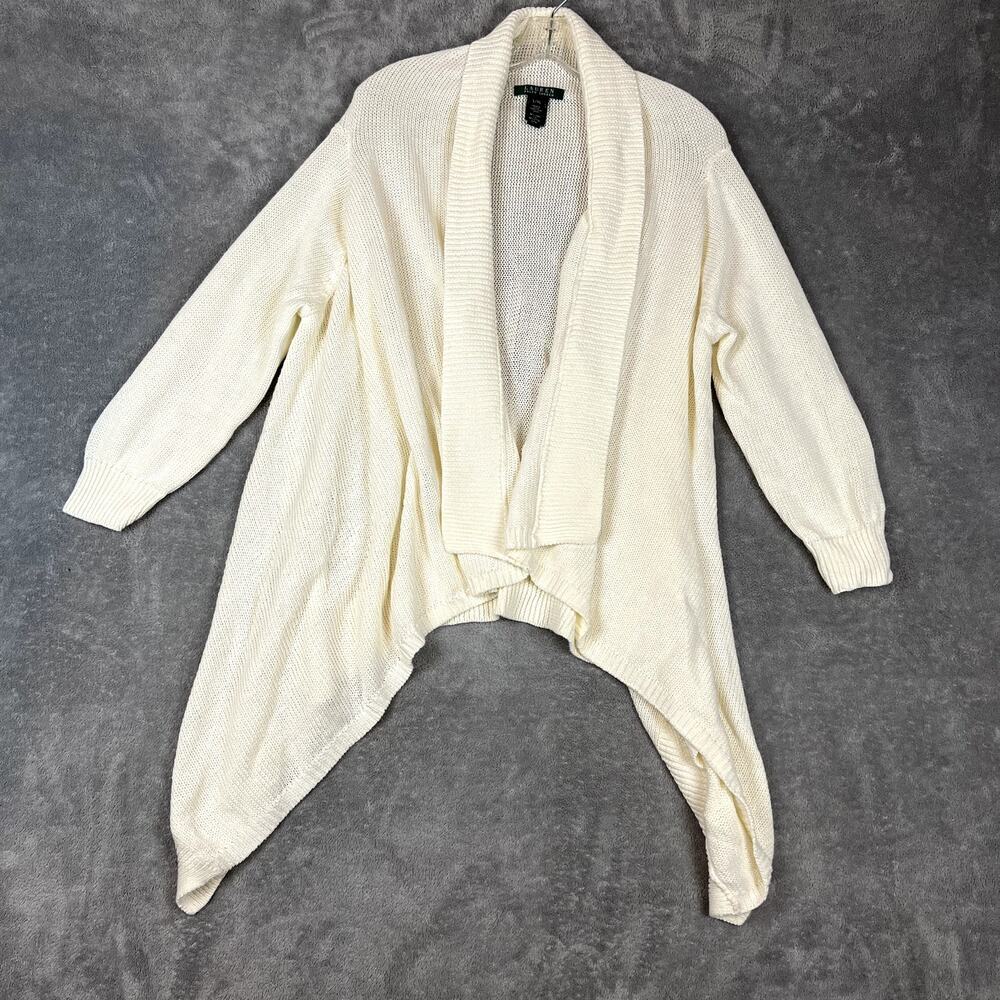 Lauren Ralph Lauren Cardigan Womens L/XL‎ Cream Sweater Knit Linen Oversized